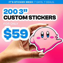 Hand holding a bright pink die-cut vinyl sticker resembling a cute rounded character with large blue eyes and small smile, signed Pinst Kid. Pink gradient background with on-image text reading 200 3 inch custom stickers for $59. SEO terms include kawaii stickers, cute character decals, pink aesthetic stickers, and anime-inspired vinyl art.