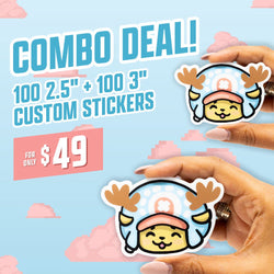 Promotional graphic for a combo deal including 100 two-and-a-half-inch stickers and 100 three-inch custom stickers for 49 dollars. Two hands hold a cartoon character sticker featuring a smiling yellow face wearing a blue hat with antlers. Text on the image reads combo deal, 100 2.5 plus 100 3-inch custom stickers, for 49 dollars.