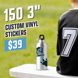 Silver metal water bottle featuring a blue and black Raptors Team logo sticker with dinosaur head graphic, plus a claw print sticker. Boy in black sports uniform sits in the background. On-image text reads 150 3 inch custom vinyl stickers and 39. Keywords: sports team stickers, football, water bottle decals, team logo vinyl stickers.