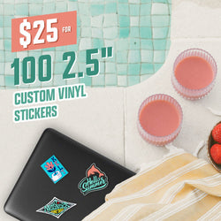 Laptop decorated with stickers including a stylized flower hand illustration, Hello Summer script badge, and a mountain-themed sticker, set next to a pool with pink drinks, striped towel, and bowl of strawberries. On-image text reads $25 for 100 2.5 inch custom vinyl stickers. Keywords: summer stickers, laptop decal set, dolphin, poolside sticker photography.