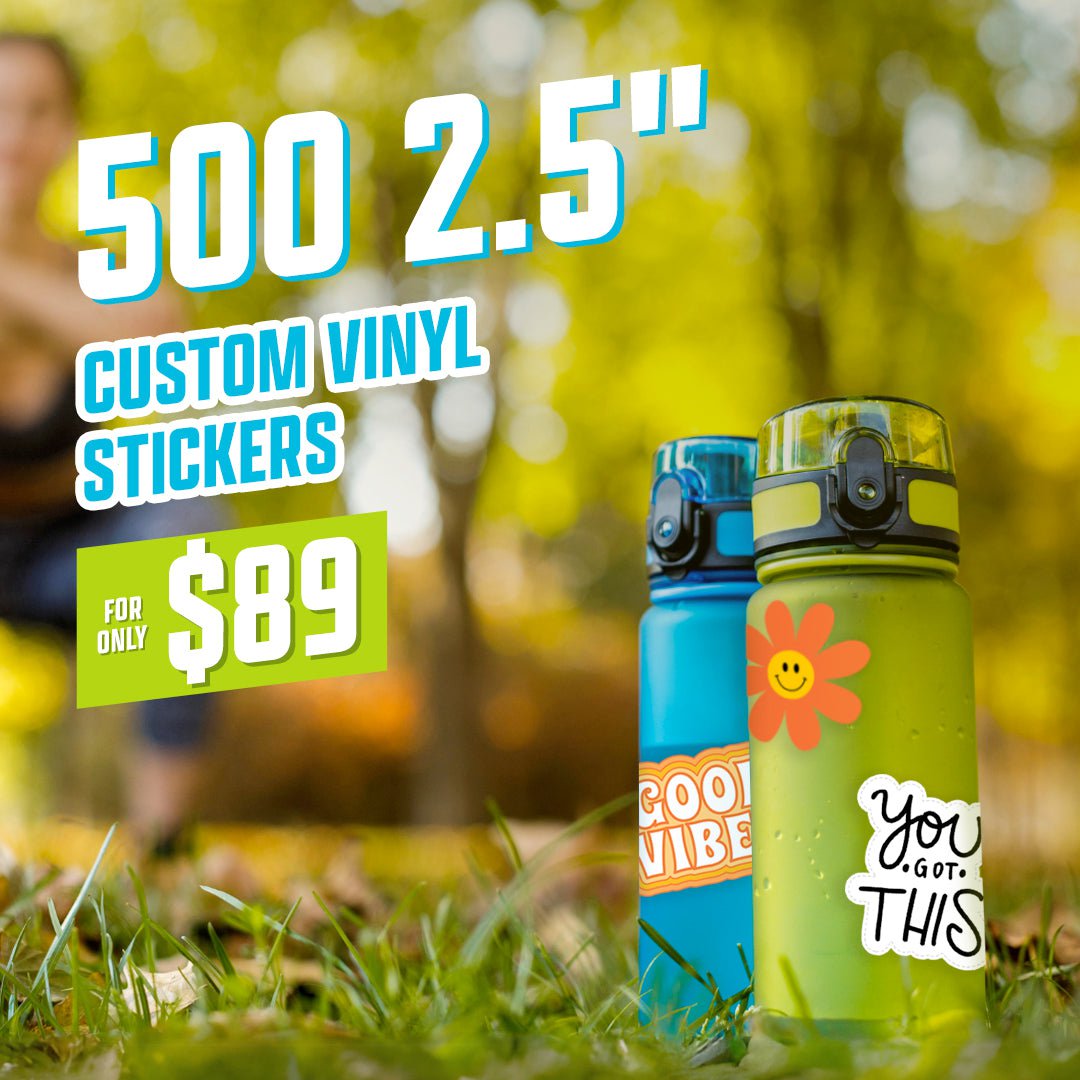 500 2.5" custom vinyl stickers for $89 Stickerd on green and blue waterbottles hydra flask smiling flower mental health good vibes grass nature trees