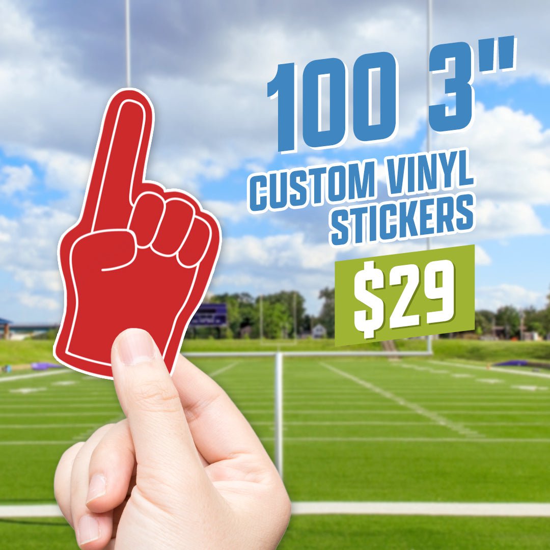 100 3" custom stickers $29 vinyl decals sticker of foam hand index finger football field goal post gridiron grass