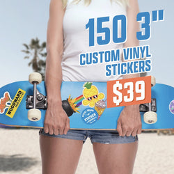 Person holding a blue skateboard decorated with vinyl stickers including a Woodward Park City UT logo, a pineapple wearing sunglasses, colorful explosion graphic, Sticky Brand Sticker Experts emblem, and other designs. Beach background with palm trees. On-image text reads 150 3 inch custom vinyl stickers for $39. Ideal for skateboard stickers, surf aesthetic decals, lifestyle vinyl stickers.