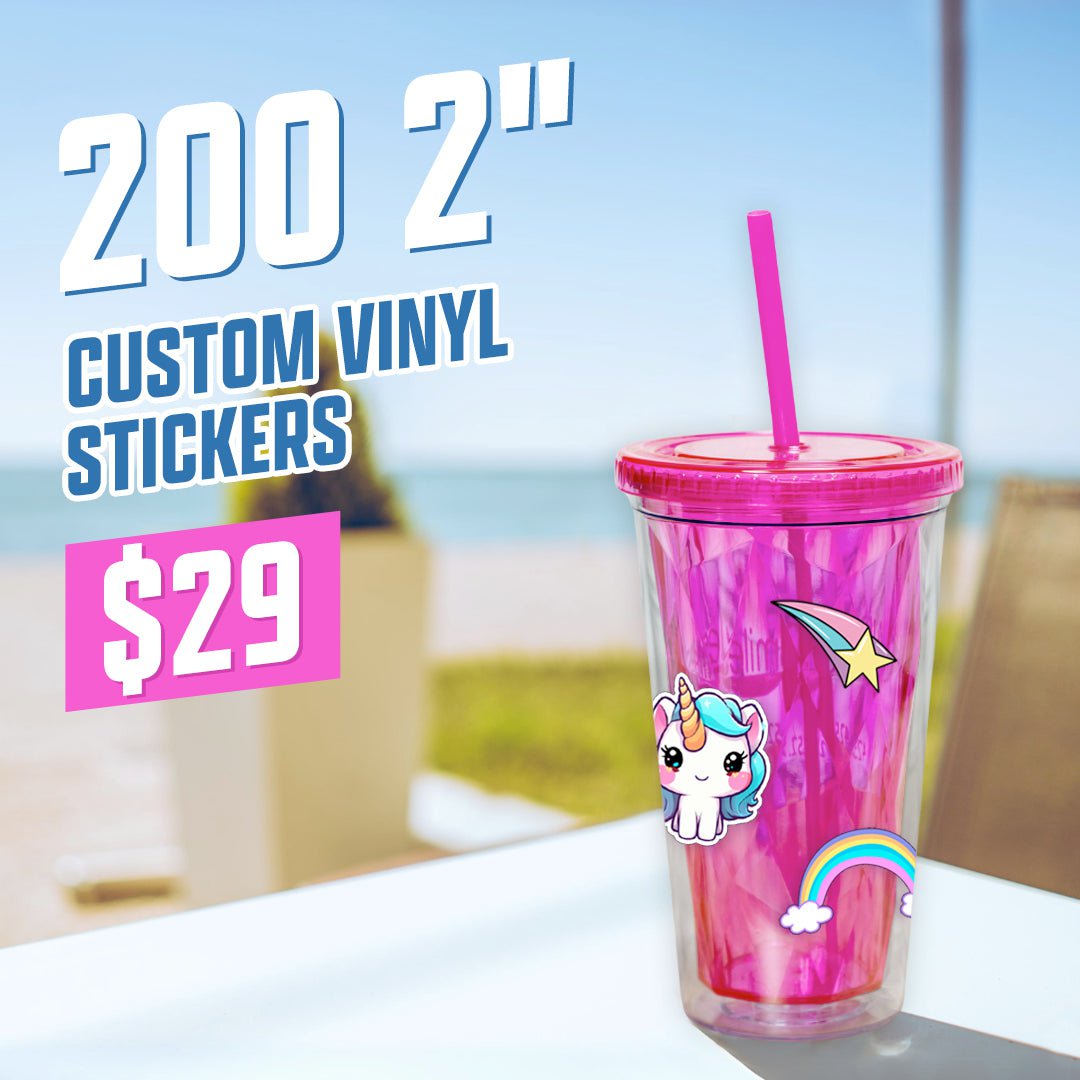 200 2" Custom Stickers for $29 decals on pink cup with straw star unicorn rainbow pink blue beach eco reusable white table arborvitae blue sky