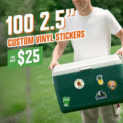 Text reads 100 2.5 inch custom vinyl stickers, 25 dollars. A man carries a green cooler decorated with multiple die cut stickers including a pineapple, Enjoy frog mascot, a tomato character, and a wolf logo. Outdoor grassy scene. Waterproof custom decals in mixed cartoon styles.