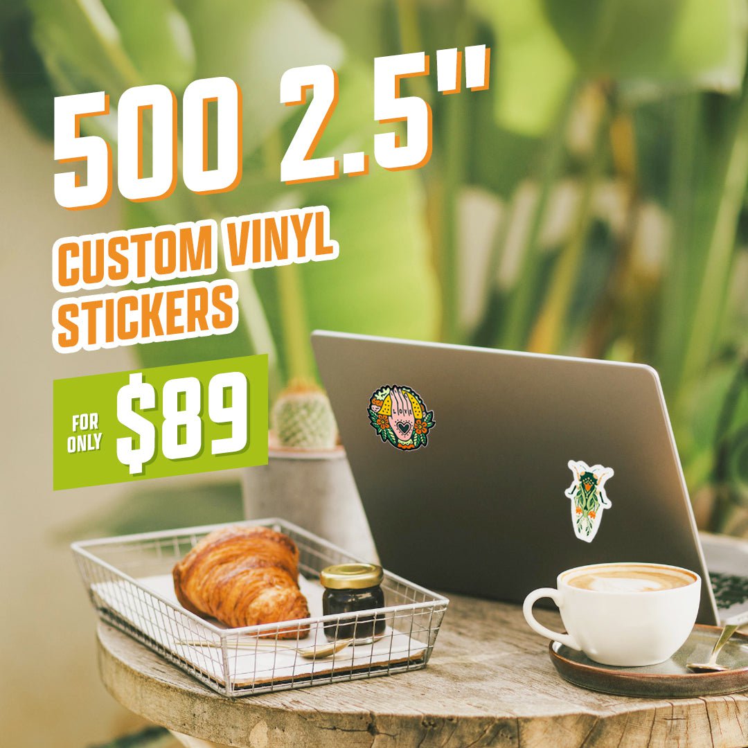 500 2.5" Custom Vinyl Stickers for $89 stickers on laptop fly hand with tattoo taco coffee stump table southwestern setting