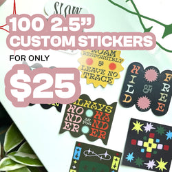Promotional graphic for a bundle of 100 custom stickers, showing several sample sticker designs on a white background with large pink text overlays reading '100 2.5