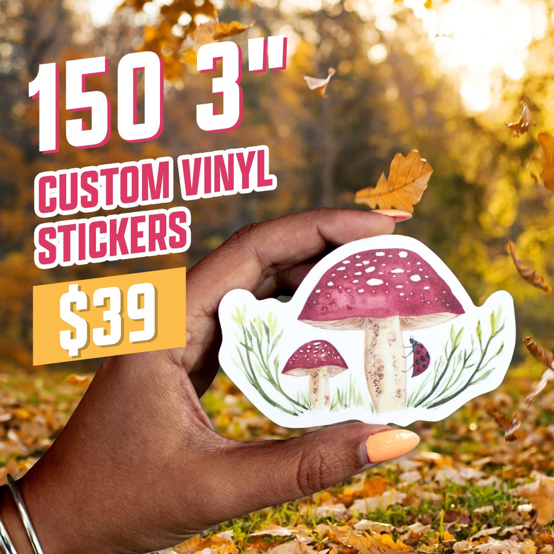 150 3" Custom stickers hand holding toadstool red mushroom with ladybug outdoors atumn forest with leaves red orange