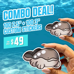 Graphic reads COMBO DEAL, 100 2.5 inch + 100 3 inch custom stickers, for only 49 dollars. Two hands hold a cute cartoon stingray manatee whale sticker with soft shading and rounded features against a bright underwater background. Custom vinyl sticker, waterproof die cut decal with ocean-themed aesthetic.