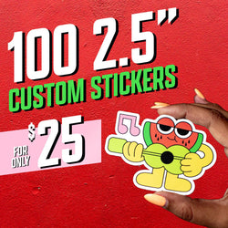 Hand holding a die-cut sticker of an animated watermelon character playing a yellow guitar, with musical notes floating above. Illustration uses thick black outlines and a playful retro-cartoon style. Background is textured red with on-image text 100 2.5 inch custom stickers and 25. Keywords: cartoon fruit sticker, musical character decal, playful vinyl sticker art.