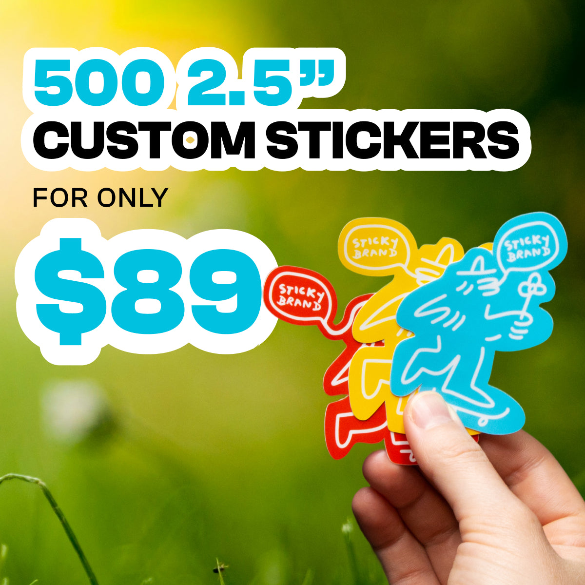 Promotional image of custom stickers with a hand holding three colorful stickers against a green background.