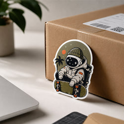 A cardboard shipping box is decorated with a custom astronaut skateboard sticker. The package sits on a desk beside a laptop and plant, showing sticker use for branded packaging and shipping boxes.