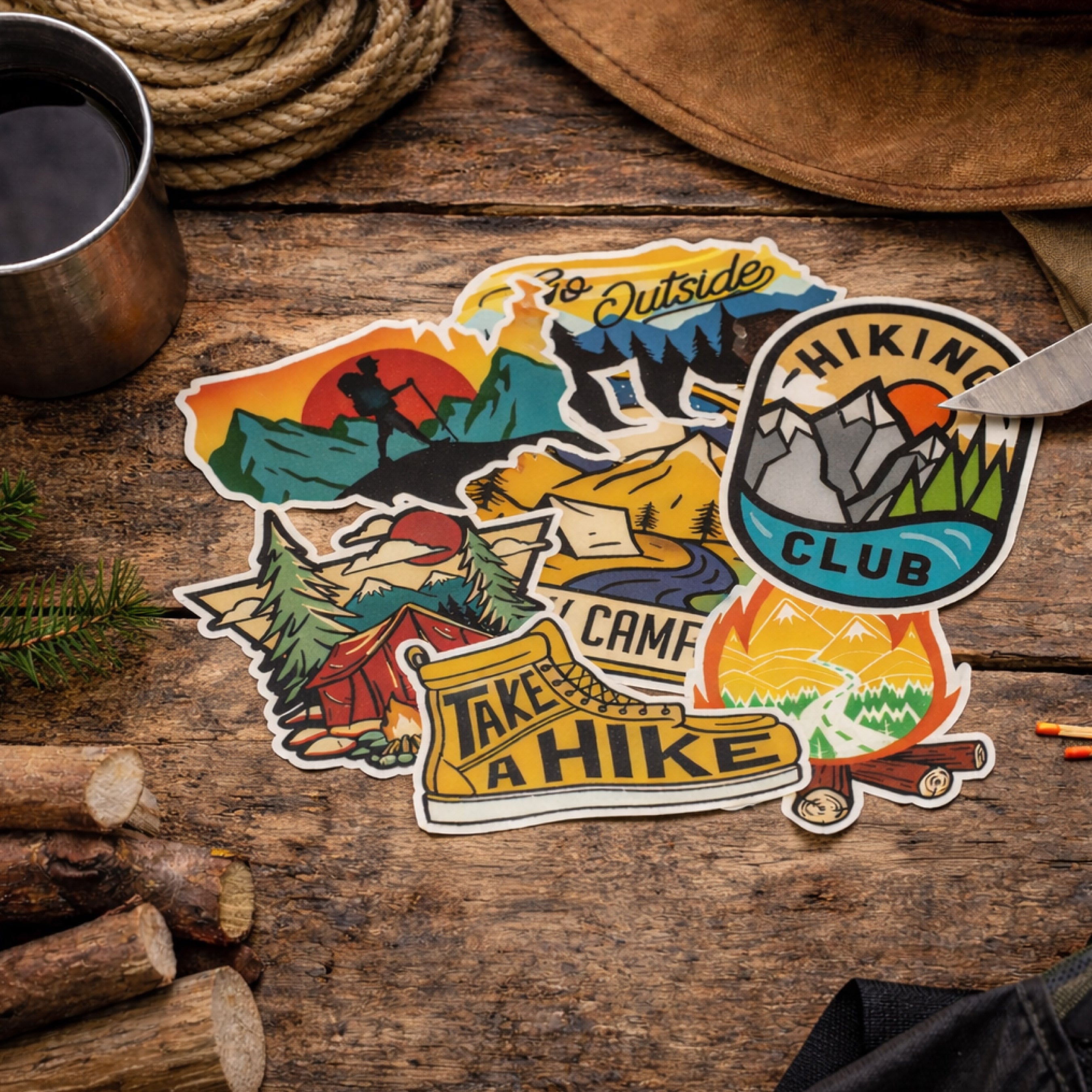 A set of colorful outdoor-themed die-cut stickers arranged on a rustic wooden surface with camping props like a metal cup, rope, hat, and logs. The stickers feature illustrated mountain scenes, a campfire, a hiking boot with the words 'TAKE A HIKE,' a mountain graphic with 'HIKEING CLUB,' and other nature motifs.