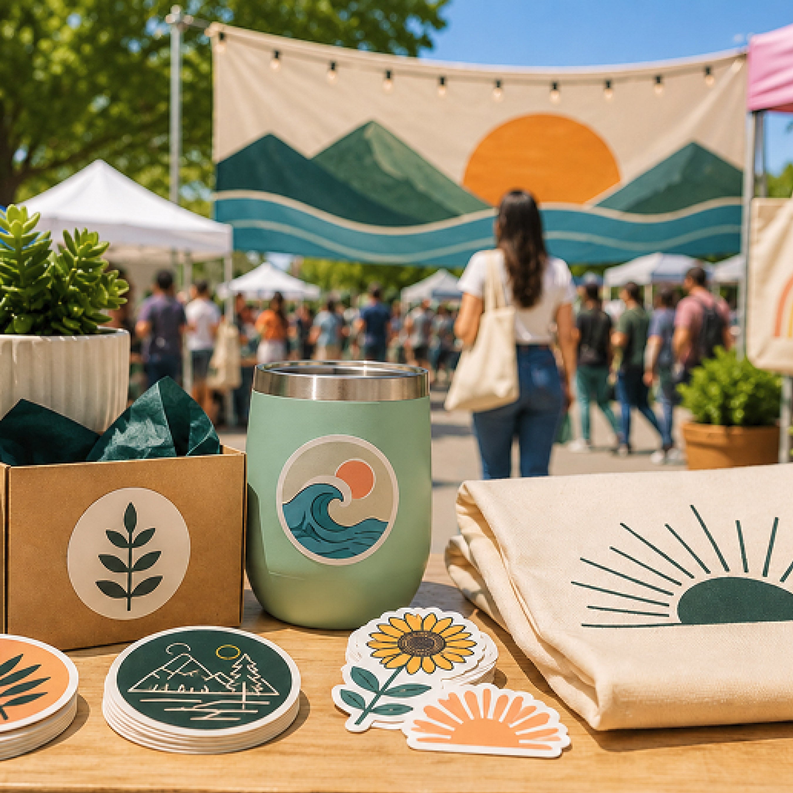 A styled outdoor market display featuring a sage green insulated tumbler with a wave and sun graphic, a folded beige canvas tote with a sunburst print, matching coasters, and sticker cutouts on a wooden table. The background shows a blurred crowd and a large beach-and-mountains canvas banner.