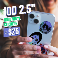 Promotional graphic for 100 two-and-a-half-inch holographic vinyl stickers for twenty-five dollars. A hand holds a white smartphone covered in holographic stickers including an astronaut helmet, a cosmic cat, and a geometric symbol. On-image text reads: 100 2.5-inch holo vinyl stickers for only 25 dollars.