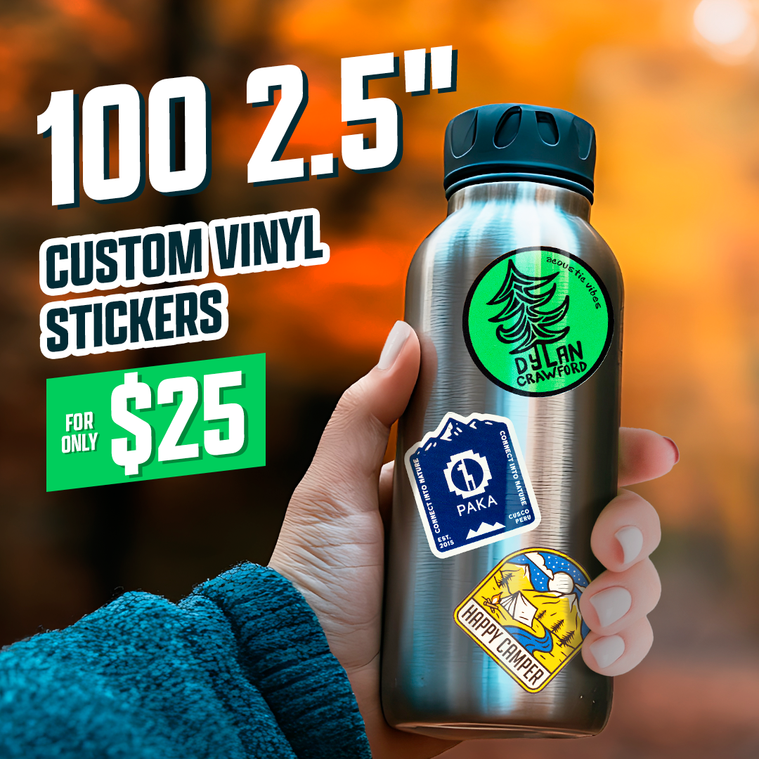 100 2.5" Custom Vinyl Stickers for $25 waterbotttle with camping themed stickers Paka pine tree tent campign mountains would green spruce orange blurred background hand with white fingernails blue sweater