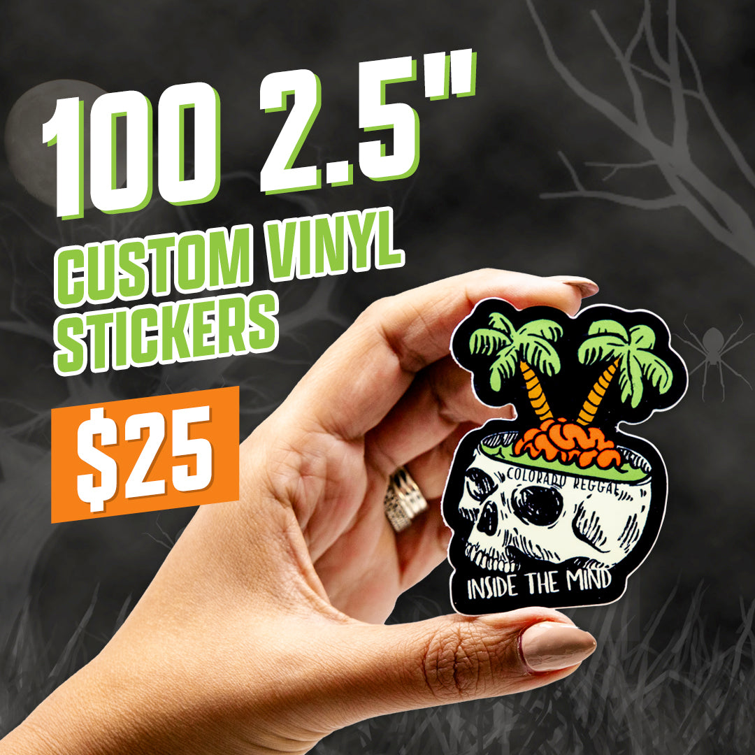 100 2.5" for $25 custom vinyl sticker deal skull with palm trees inside the mind background with tree spider black and white sun print organge green colorado illustration