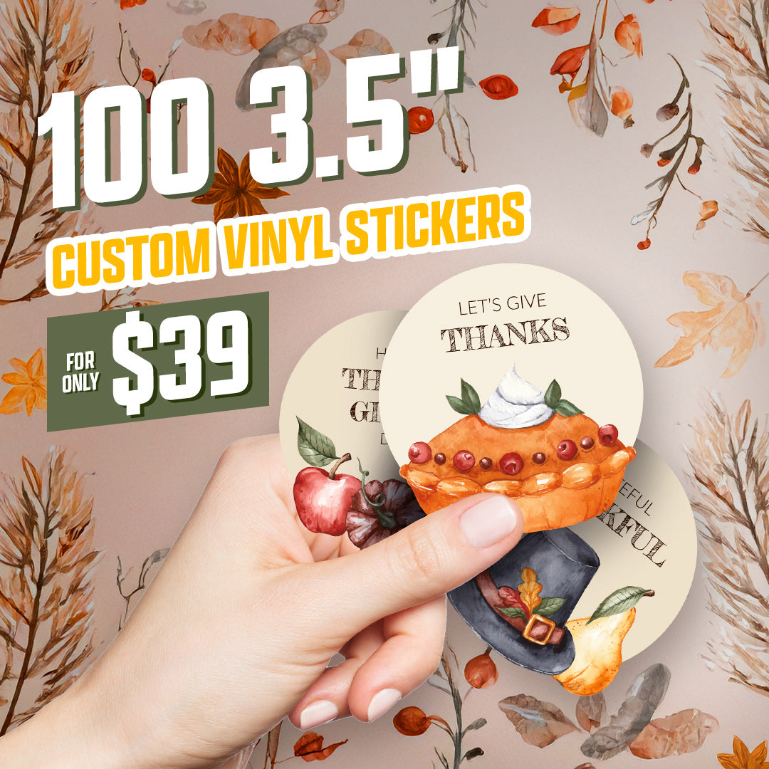 Lets give thanks 100 3.5" $39 Sticker Deal pumpkin pie pilgrim hat yellow military green  whipped cream apple leaves berries