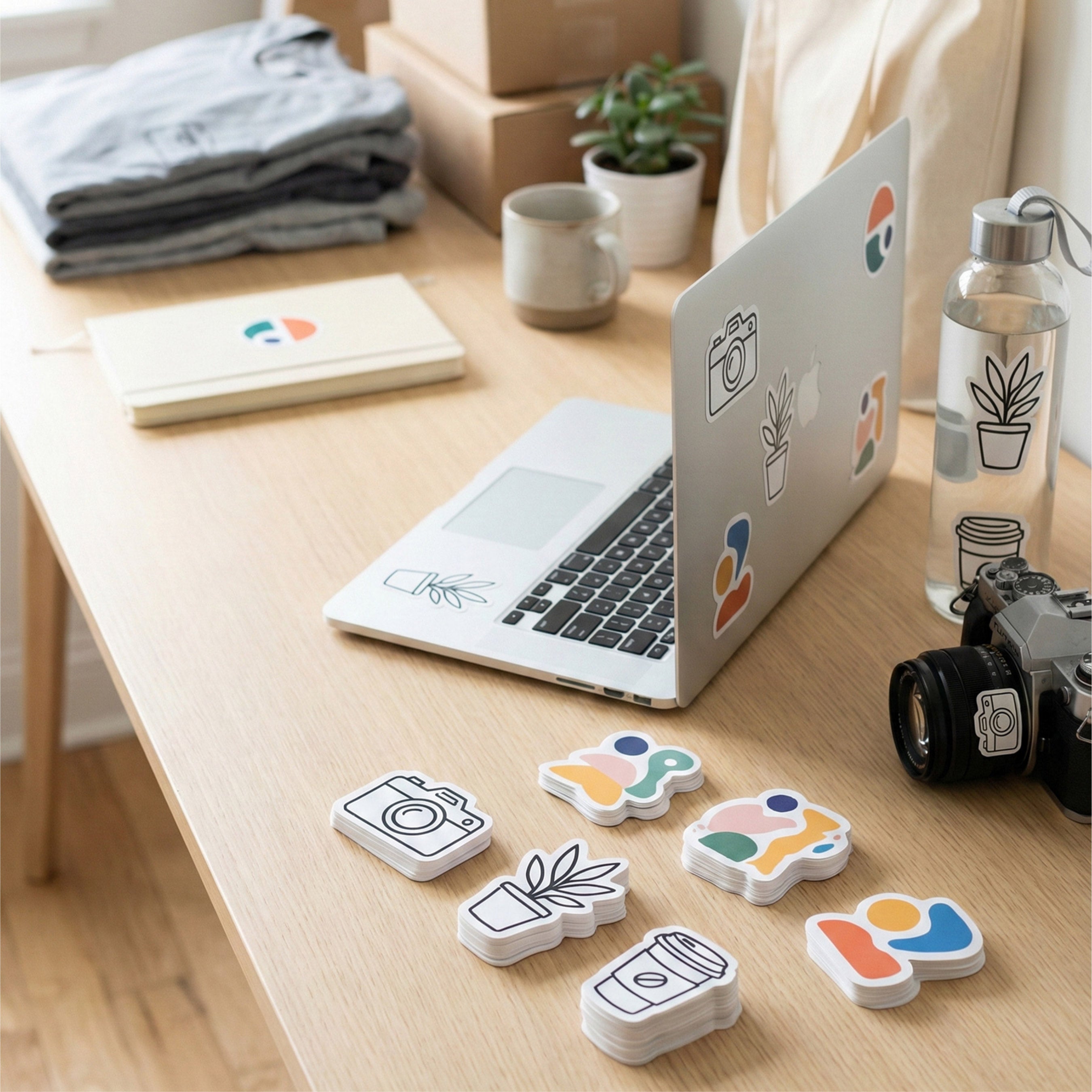 A styled desk scene with a silver laptop, camera, water bottle, folded clothing, notebook, and small plants, plus several colorful die-cut sticker shapes placed in front of the desk.