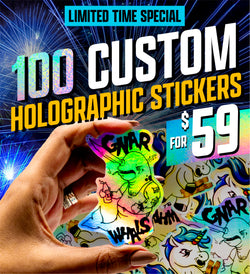 Promotional graphic featuring a hand holding a holographic sticker with a cartoon narwhal and graffiti-style lettering. Fireworks burst in the background. Text reads 100 custom holographic stickers for 49 dollars.