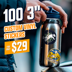 Promotional image showing a hand holding a stainless steel water bottle decorated with custom vinyl stickers including a round The Bunny Slope Warren VT logo and a Happy Camper camping scene sticker. Large text in the image states 100 3 inch Custom Vinyl Stickers for only 29 dollars. Background shows an outdoor setting with blurred cool tones.