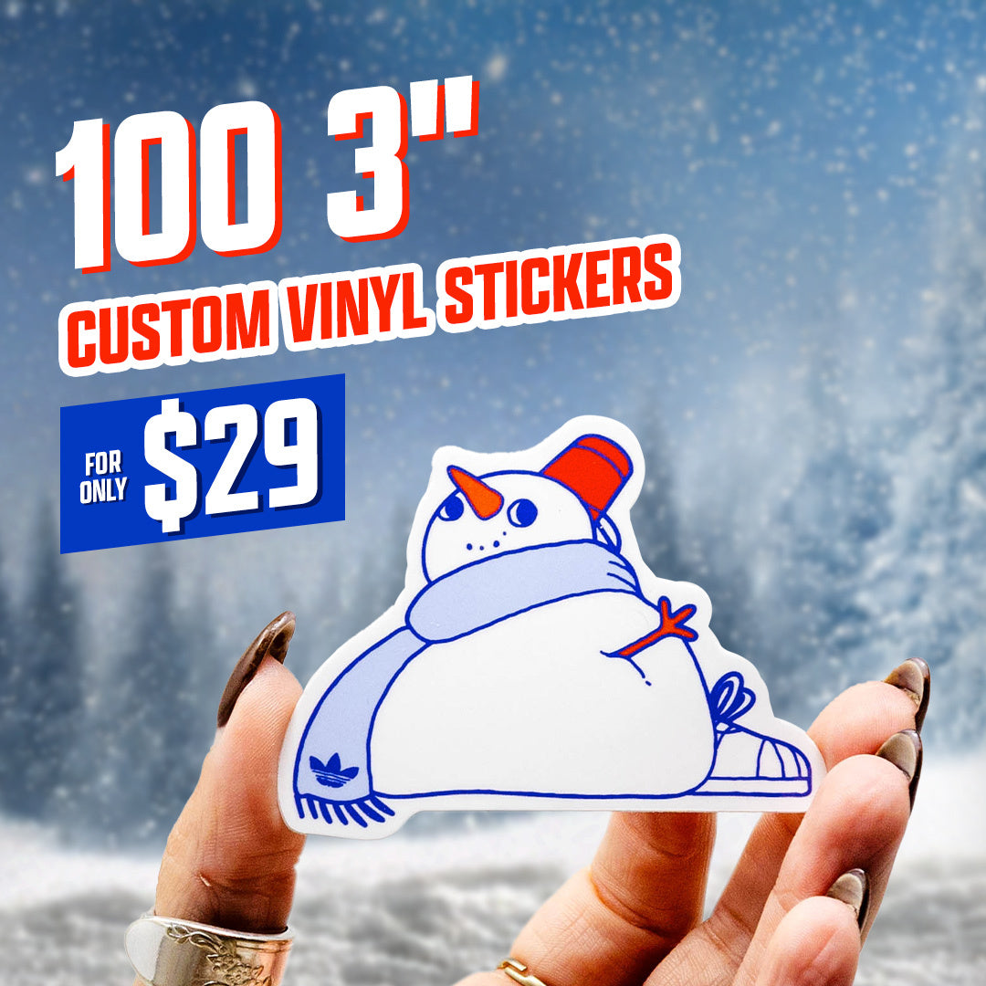 100 3" Custom vinyl stickers for $29 hand holding snowman sticker with sneakers red cap melting carrot nose blue red snowstorm pine trees winter hand brown fingernails silver rings