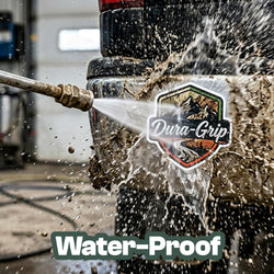 A pressure-washed mud splatter scene showing a black vehicle with a Dura-Grip logo decal on the rear side. The decal is overlaid with the text 'Water-Proof' at the bottom.