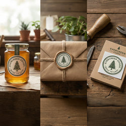 Three vertical lifestyle panels showing Evergreen Goods products in a rustic setting with stickers as label: a glass jar of honey with a round tree logo label, a kraft paper package tied with twine and sealed with a wax stamp, and a box of tea leaves on a wooden table with a wooden tool nearby.