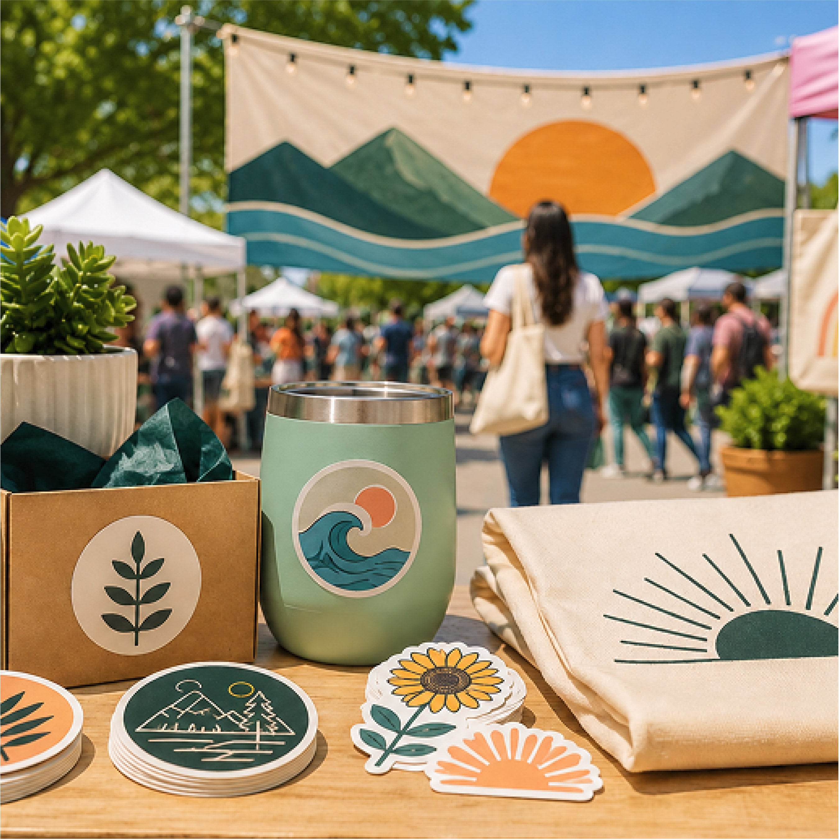 A styled outdoor market display featuring a sage green insulated tumbler with a wave and sun graphic, a canvas tote bag with a sunburst design, matching coasters and stickers, and a kraft box, all arranged on a wooden table with a blurred festival background.