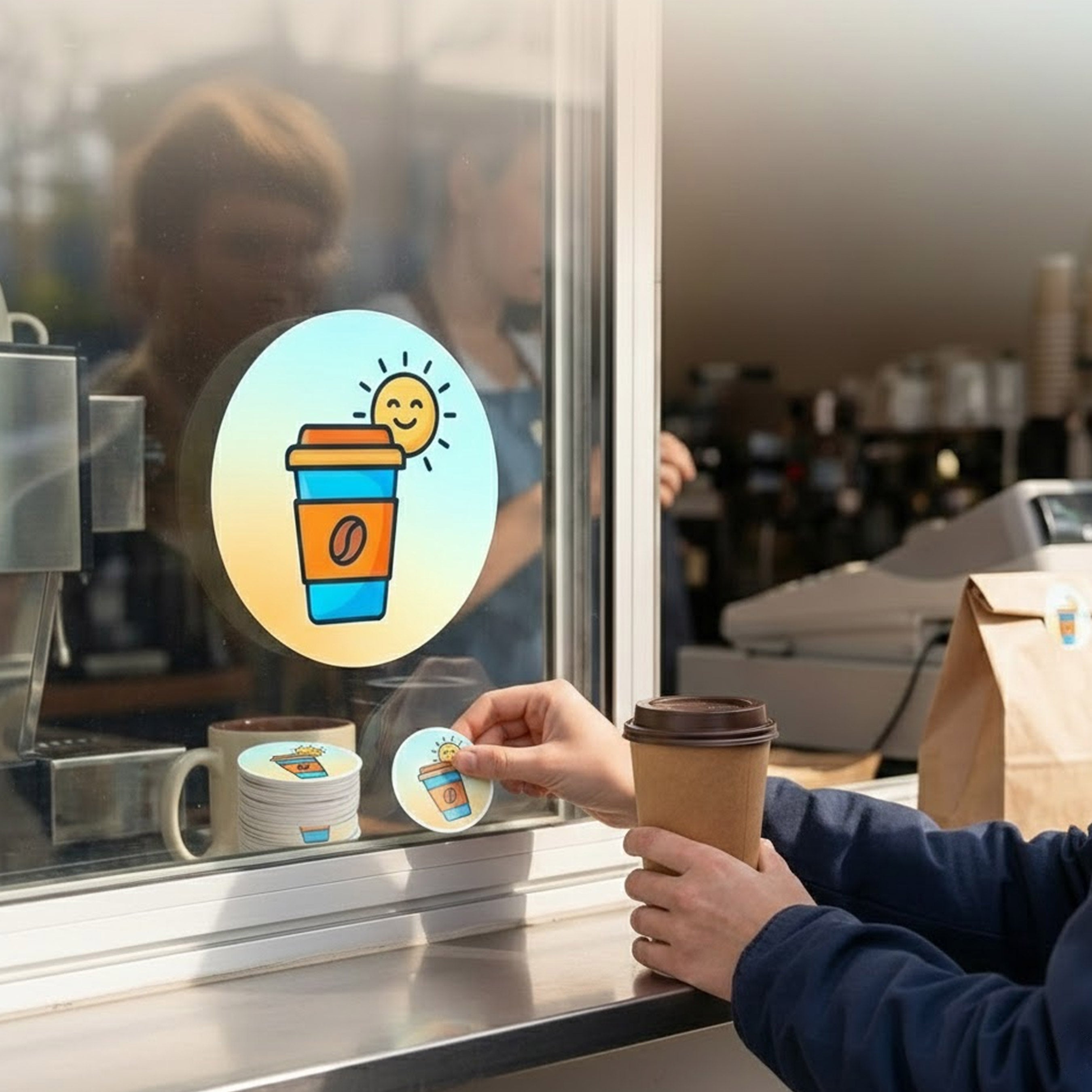 A person at a coffee shop window applies a small oval sticker featuring a coffee cup with a smiling sun, while holding a paper coffee cup. Another sticker is already applied to the glass.