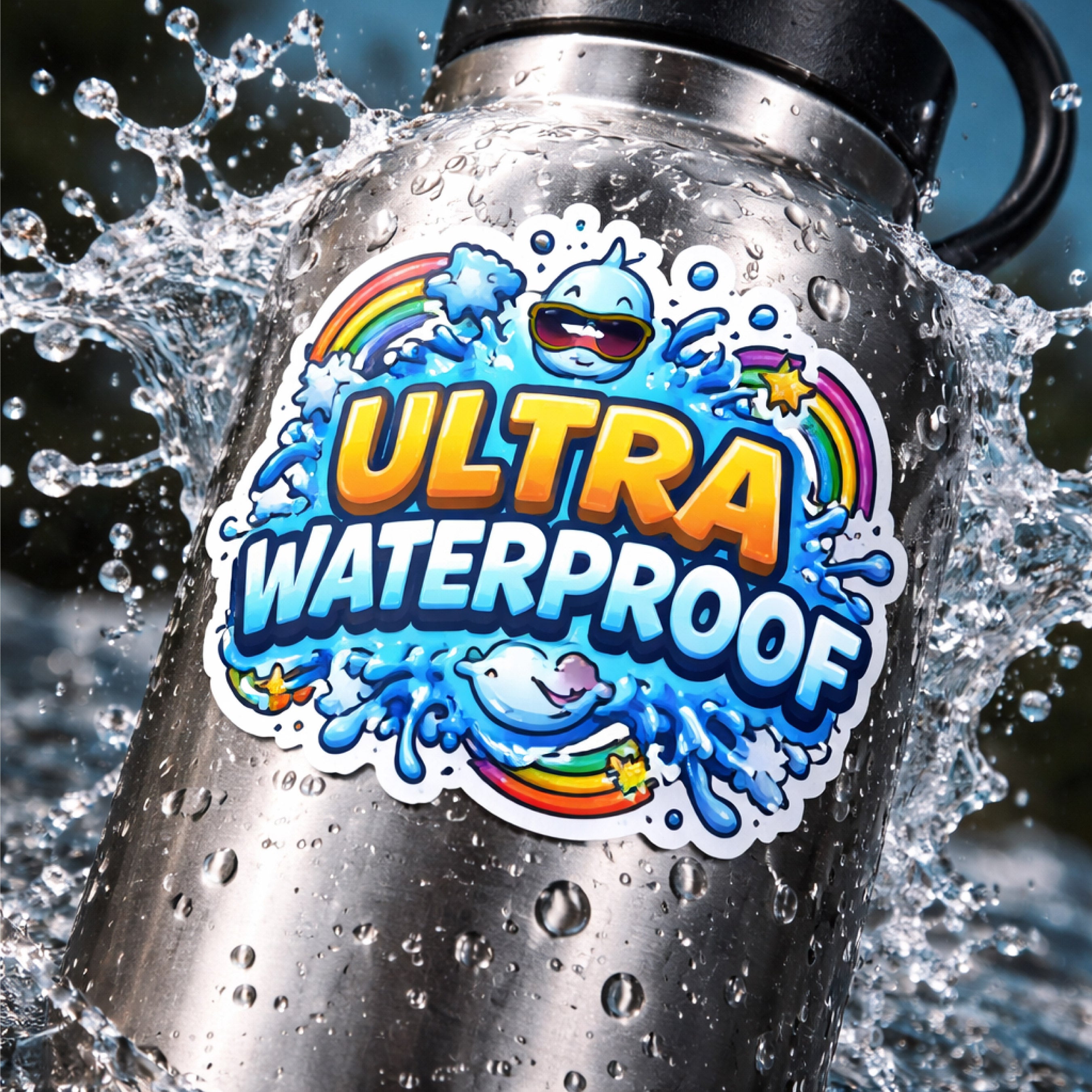 A stainless steel water bottle with a black lid and handle, covered in water droplets and surrounded by a water splash. The bottle features a colorful 'ULTRA WATERPROOF' sticker with a cartoon shark, rainbow, and blue splashes.
