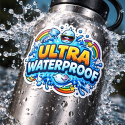 A stainless steel water bottle with a black lid and handle, covered in water droplets and surrounded by a water splash. The bottle features a colorful 'ULTRA WATERPROOF' sticker with a cartoon shark, rainbow, and blue splashes.