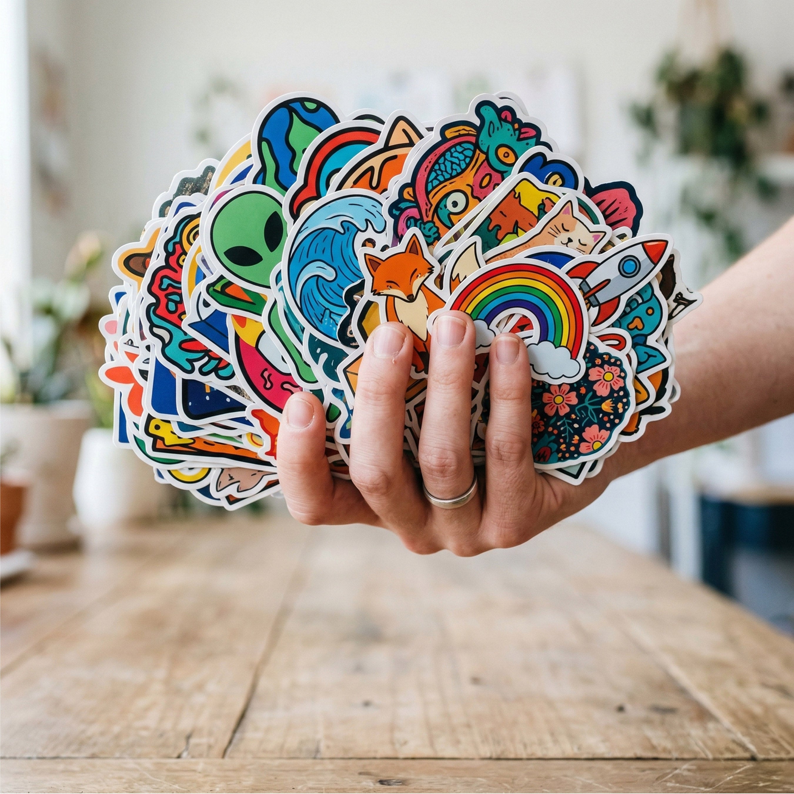 A hand holds a large, colorful fan of die-cut stickers featuring whimsical cartoon designs like a rainbow, alien, waves, and a rocket ship, set against a blurred indoor background with a wooden table.