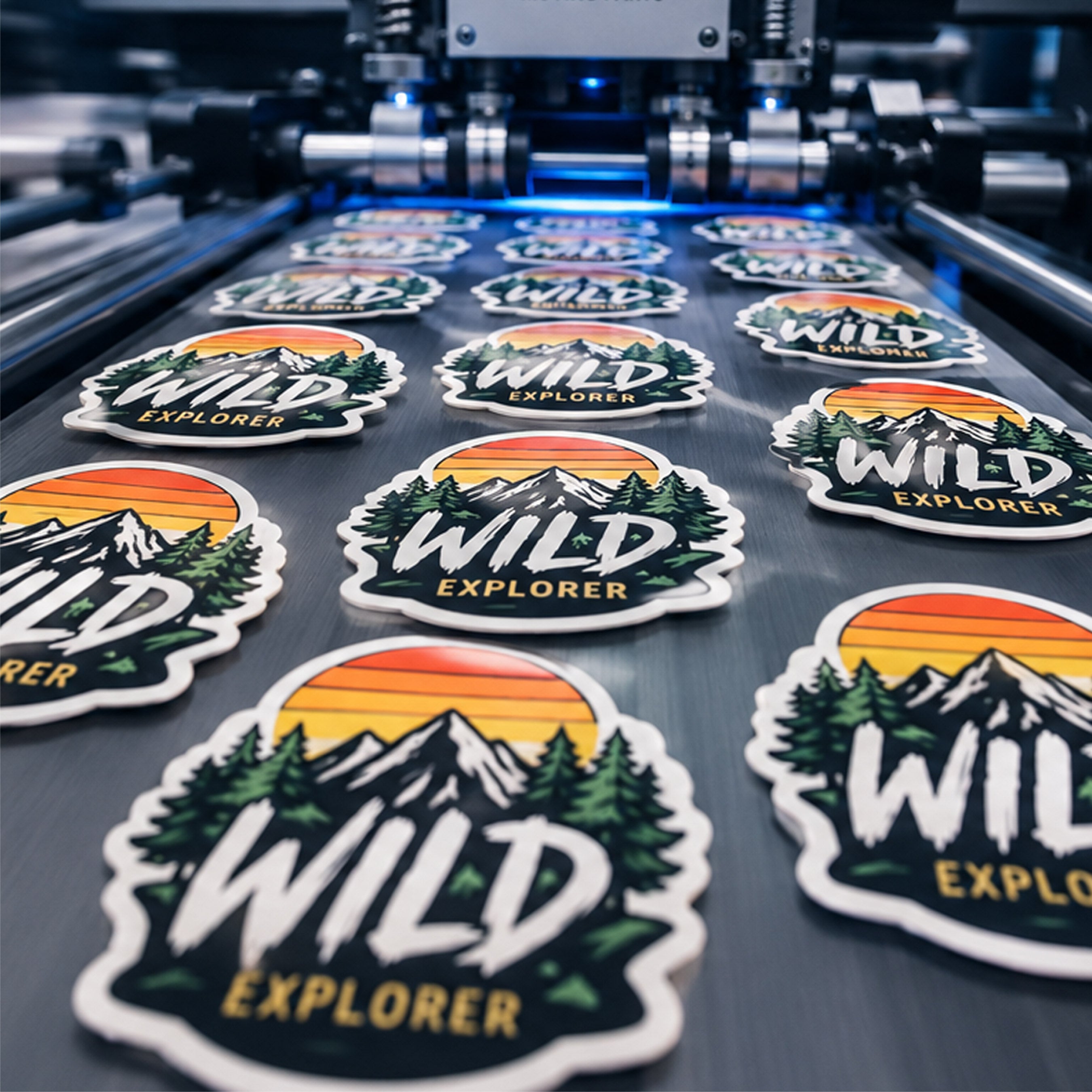 A close-up of a manufacturing line showing multiple die-cut stickers with a mountain, pine trees, and sunset design. The stickers feature the text 'WILD EXPLORER' in white lettering.