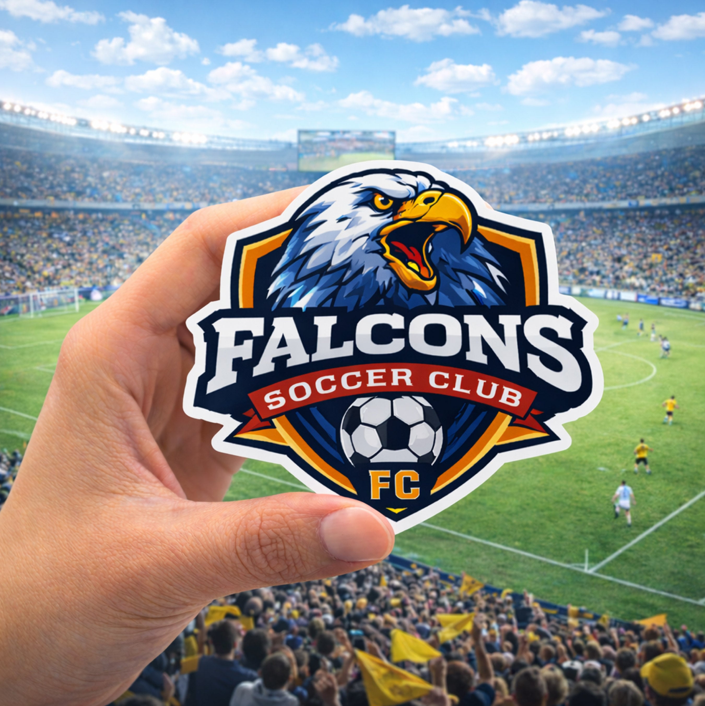 Hand holding a Falcons Soccer Club sticker with a soccer field and stadium in the background