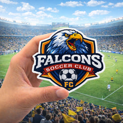 Hand holding a Falcons Soccer Club sticker with a soccer field and stadium in the background