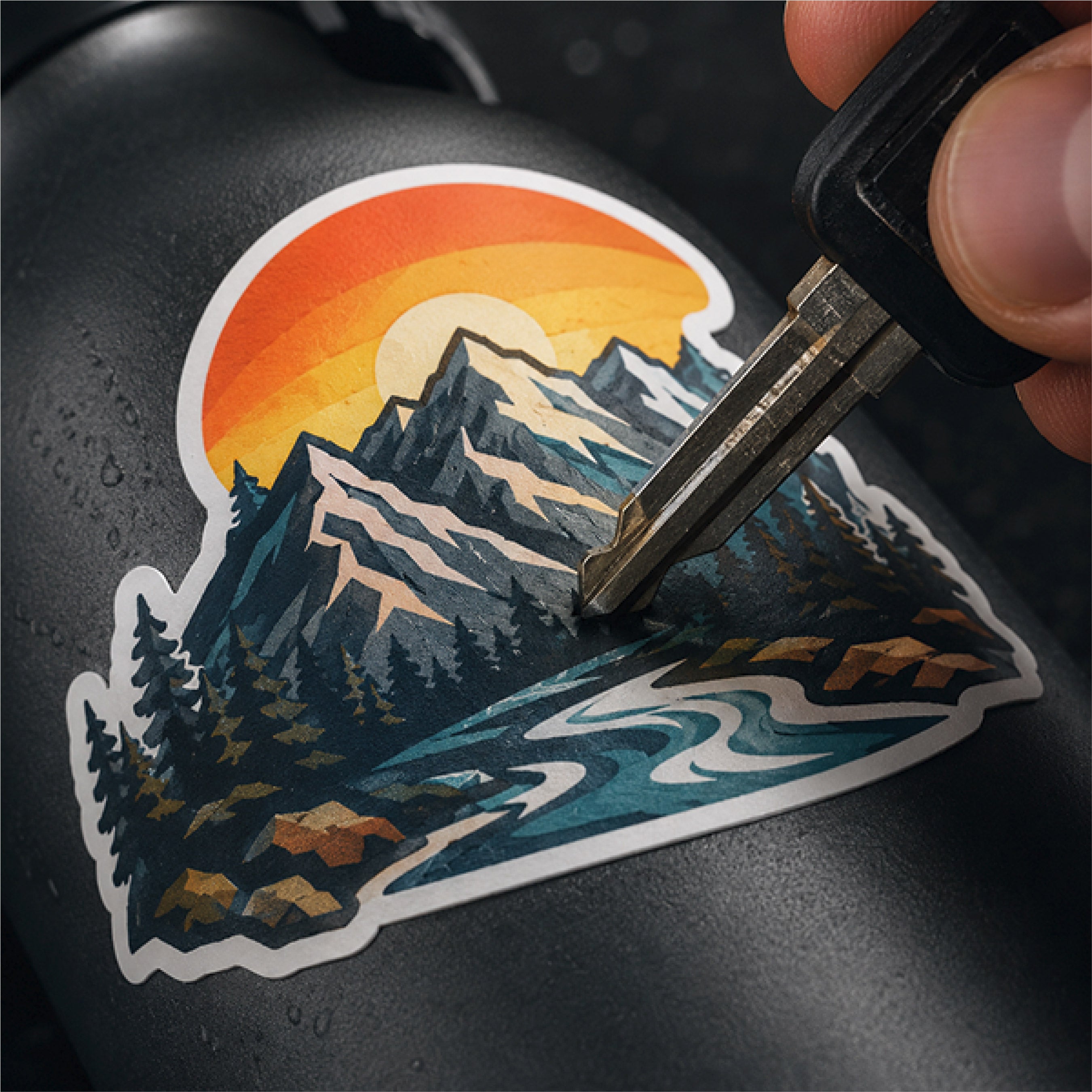 A close-up of a black insulated bottle with a colorful mountain-and-river sticker, being scratched with a metal key. The sticker is partially covered by an orange label reading 'Scratch-Resistant'.