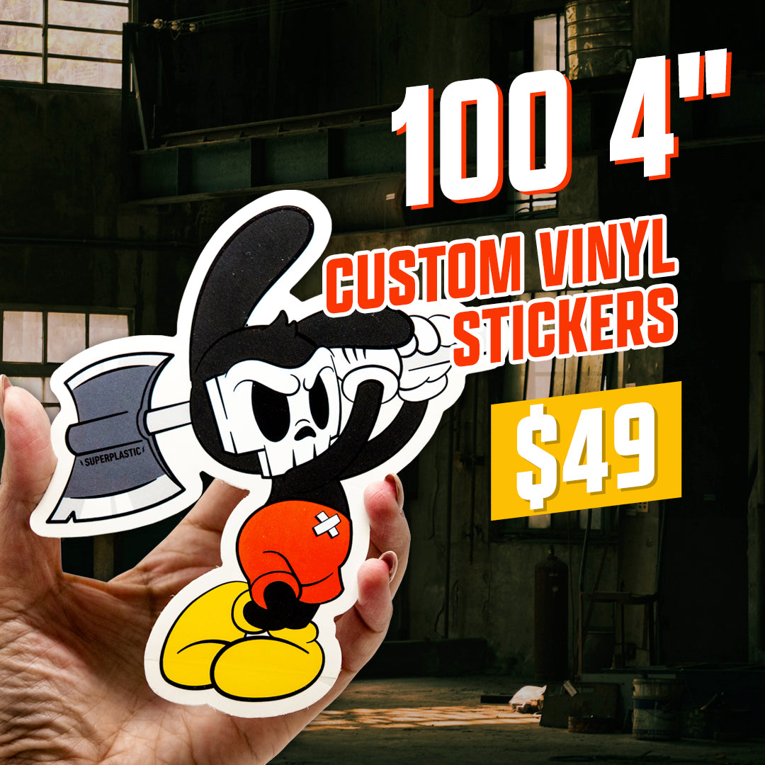 100 4" Custom VInyl Srtickers for $49 micky doom axe yellow red creepy warehouse backgorund character toy