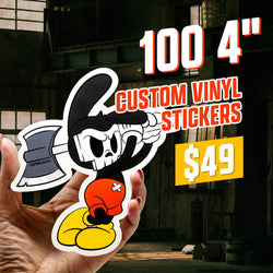 Hand holding a large die-cut sticker of a cartoon skeleton character wearing yellow shoes and orange shorts, swinging an axe labeled Superplastic. Industrial dark warehouse background. On-image text reads 100 4 inch custom vinyl stickers for $49. Useful keywords include cartoon skeleton stickers, streetwear decals, Superplastic art stickers, and character vinyl stickers.