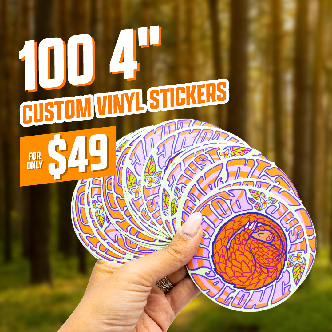 100 4" Custom Vinyl Stickers for $49 illustration sloth just rolling along in woods light pink purple orange forest green brown green hand with pink fingernails and silver ring