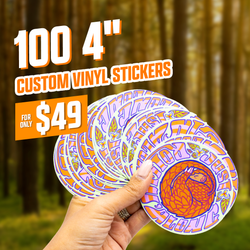 Promotional graphic displaying a hand holding a fan of large 4-inch vinyl stickers featuring the circular pangolin design with swirling text reading Just Rollin’. Forest background with blurred tree trunks. Promotional text reads 100 4 inch custom vinyl stickers for only $49.