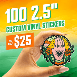 Text reads 100 2.5 inch custom vinyl stickers, for only 25 dollars. A hand holds a round sticker featuring a tattoo-style illustration of a pink hand with the word LOVE above a black heart, surrounded by leaves and orange flowers. Custom vinyl sticker with folk-art aesthetic and bold linework.