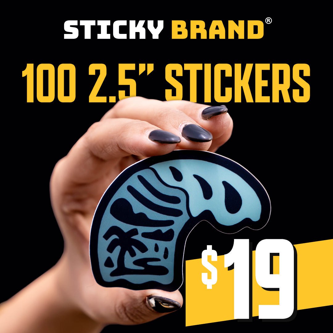 Sticky Brand 100 for $19 custom vinyl sticker special Hand holding blue wave palm tree black fingenails yellow banner and black and white crest drops cloud