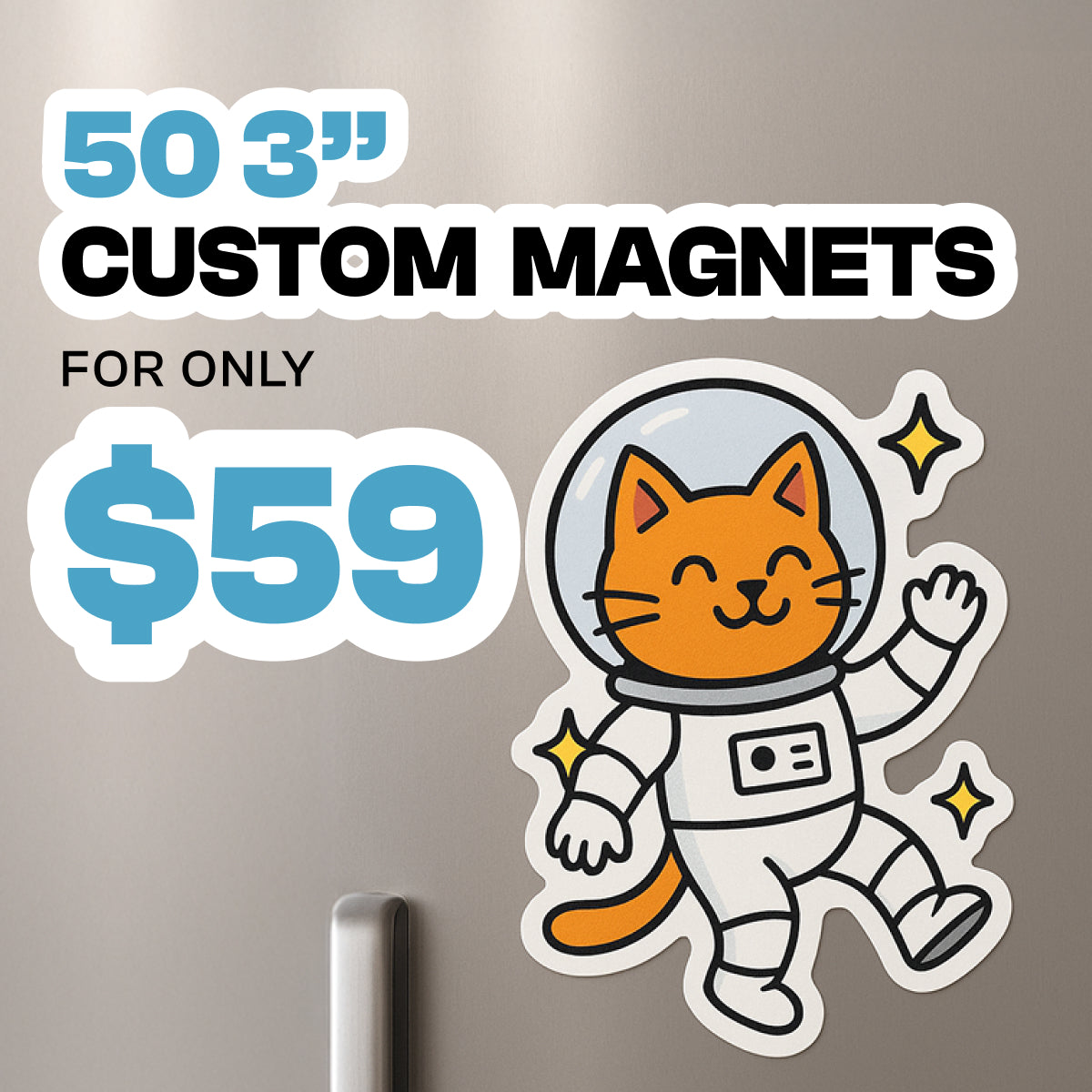 Cat astronaut magnet with promotional text on a metallic surface