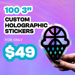 Promotional graphic for 100 three-inch custom holographic stickers for forty-nine dollars. A hand holds a holographic die-cut sticker shaped like an ice-cream cone with a basketball-patterned scoop. Background is a pink and purple iridescent gradient. On-image text reads: 100 3-inch custom holographic stickers for only 49 dollars.