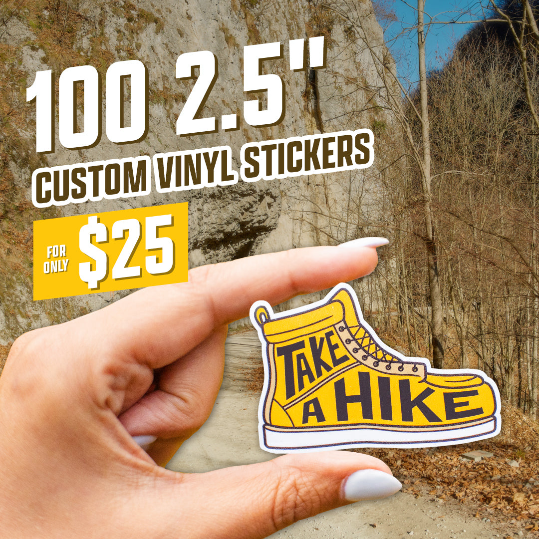 100 2.5" Custom Vinyl Stickers for $25 take a hike book stickers on trail in canyon wooded park in hand with white fingernails