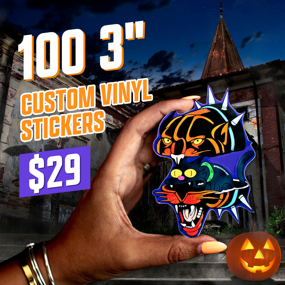 100 3" Custom vinyl stickers tiger cat halloween hand with orange nails pumpkin brick house with steeple