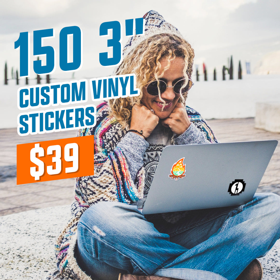 150 3" Custom Vinyl Stickers for $39 promo deal stickers on laptop campire alpaca orange blue knit sweater denim leather boots stone bench