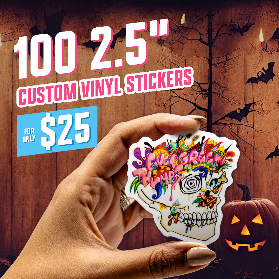 100 2.5" custom stickers for $25 promo deal halloween skull with flowers and glowing pumpkin jackolantern and bats pink blue orange brown colorful