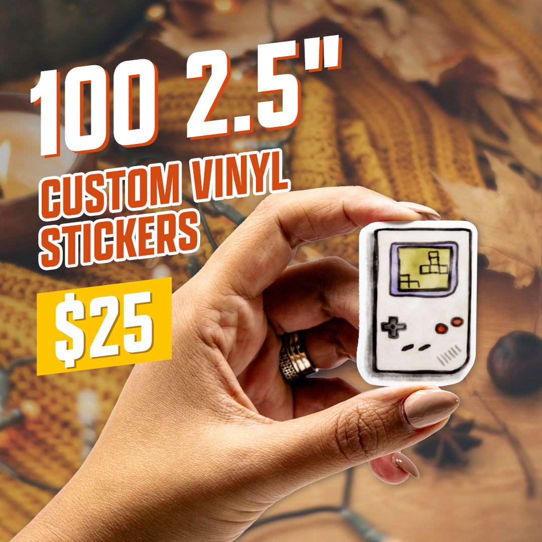 100 2.5" Custom Vinyl Stickers for $25 video game hand console illustration sticker red yellow grey